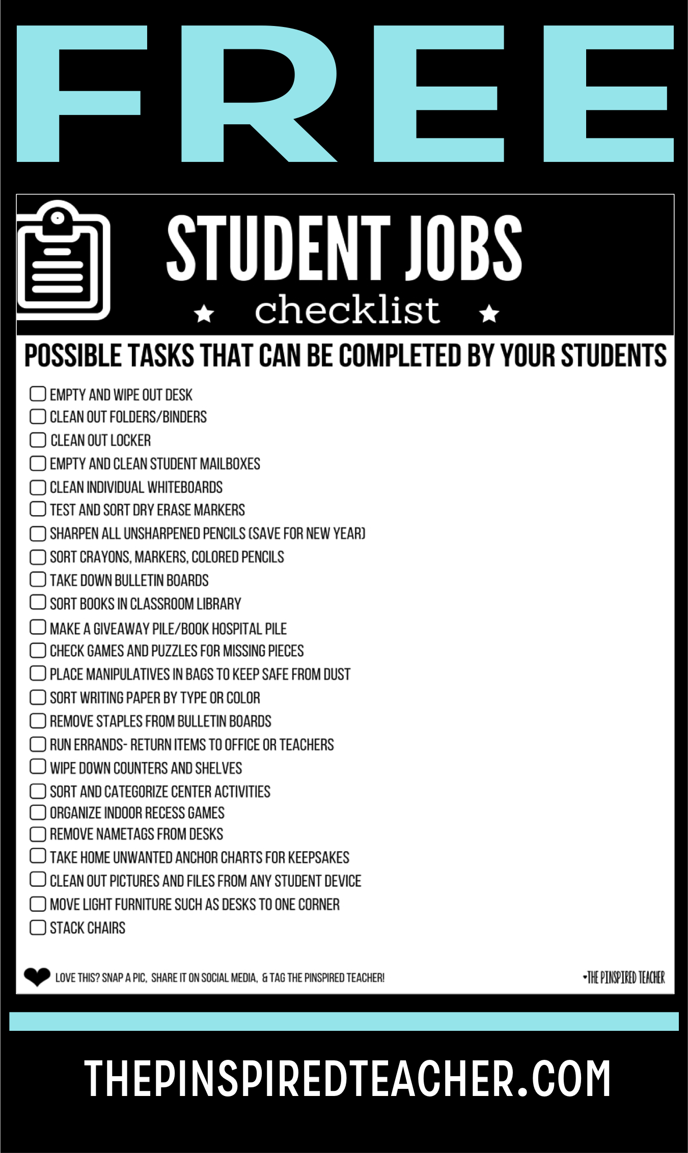 FREE teacher checklist for student jobs at the end of the year to help pack up the classroom by The Pinspired Teacher